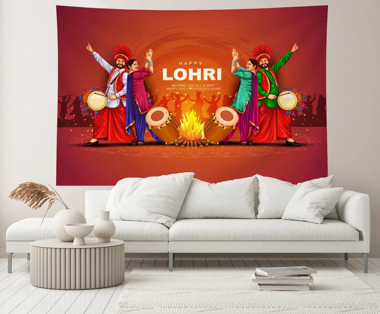 Happy Lohri Festival Backdrop Indian People Playing Lohri Dance Punjabi Religious Holiday Background Harvesting Party Decoration