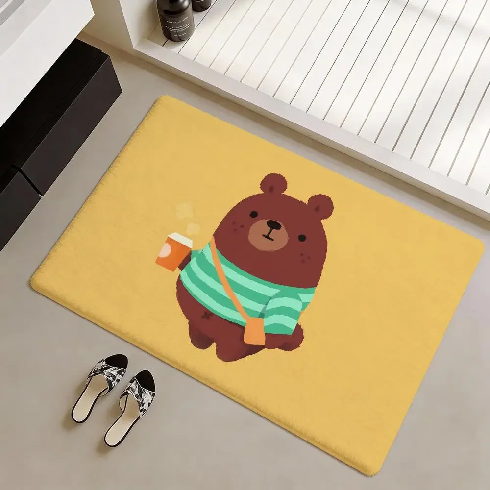 Backpack Wearing Bear Cub Floor Mat Soft Flannel Non Slip Door Mat Thickened Rug Living Room Home Decor