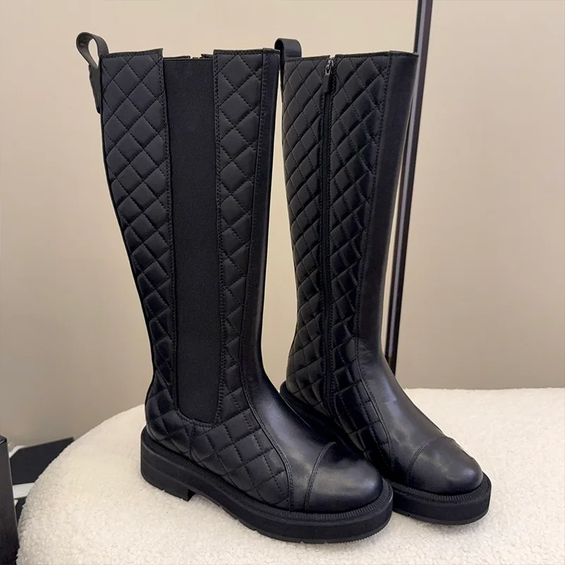 

High quality New Knee High Knight Boots Genuine Leather Black Flat Women Side Zipper Luxury Design Runway Shoes 25080811