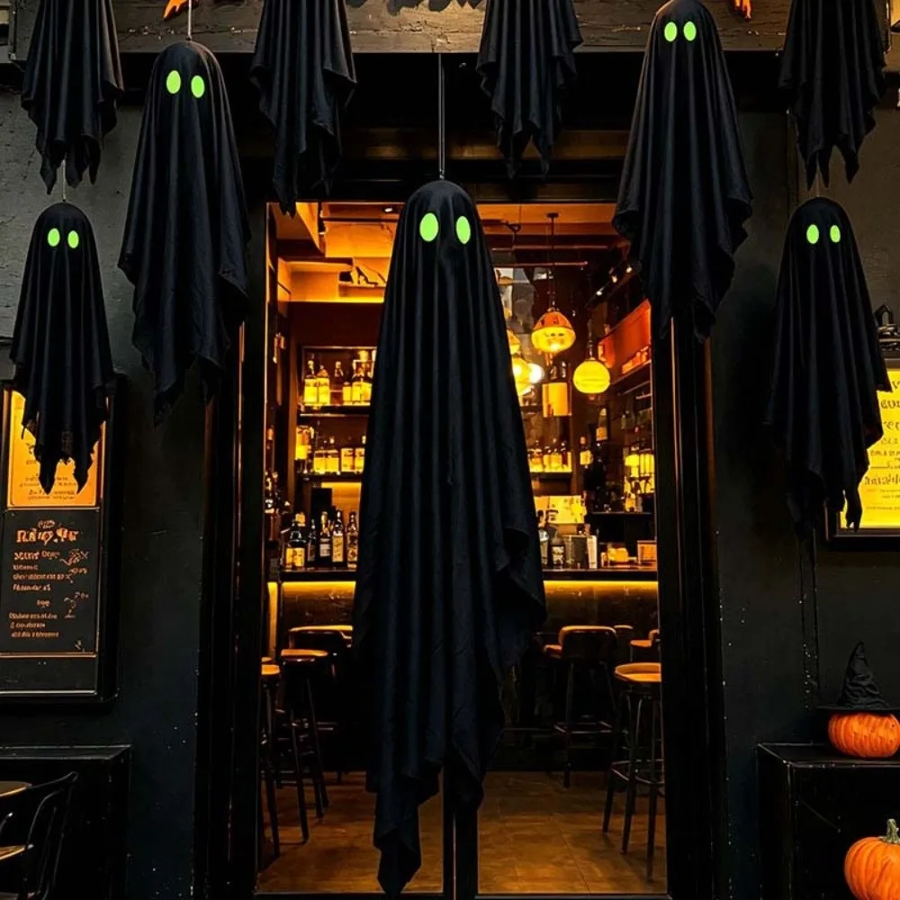 Luminous Hanging With String Hanging Ghost Black Fabric Glow Eyes Glow Pendant Foldable Flowy Flying Spooky Planners