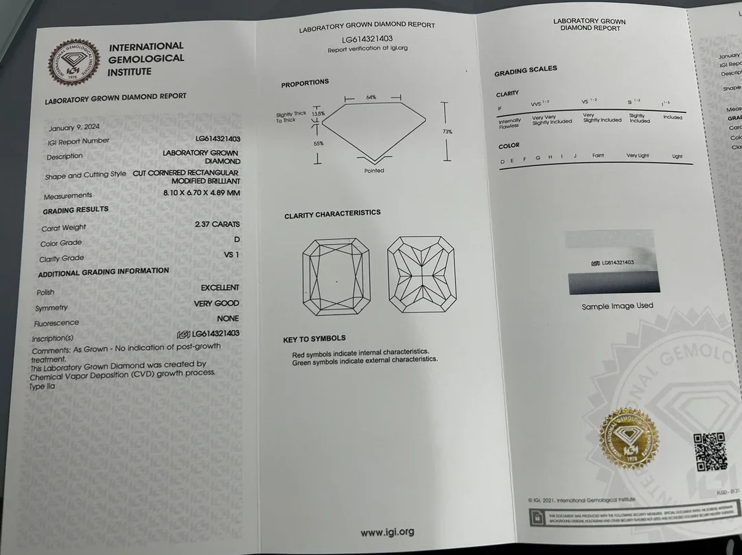 Ruif Radiant Cut 2.37ct  D VS1  EX/VG N Lab Grown Diamond CVD for Luxury Jewelry Making with IGI Certificate