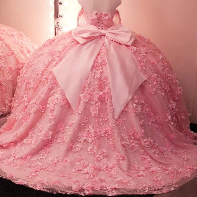 

Платья Quinceanera с открытыми плечами, тюлевые аппликации, бисер, 3D цветок, пышное платье на шнуровке, Vestidos De 15 Años, бальное платье принцессы