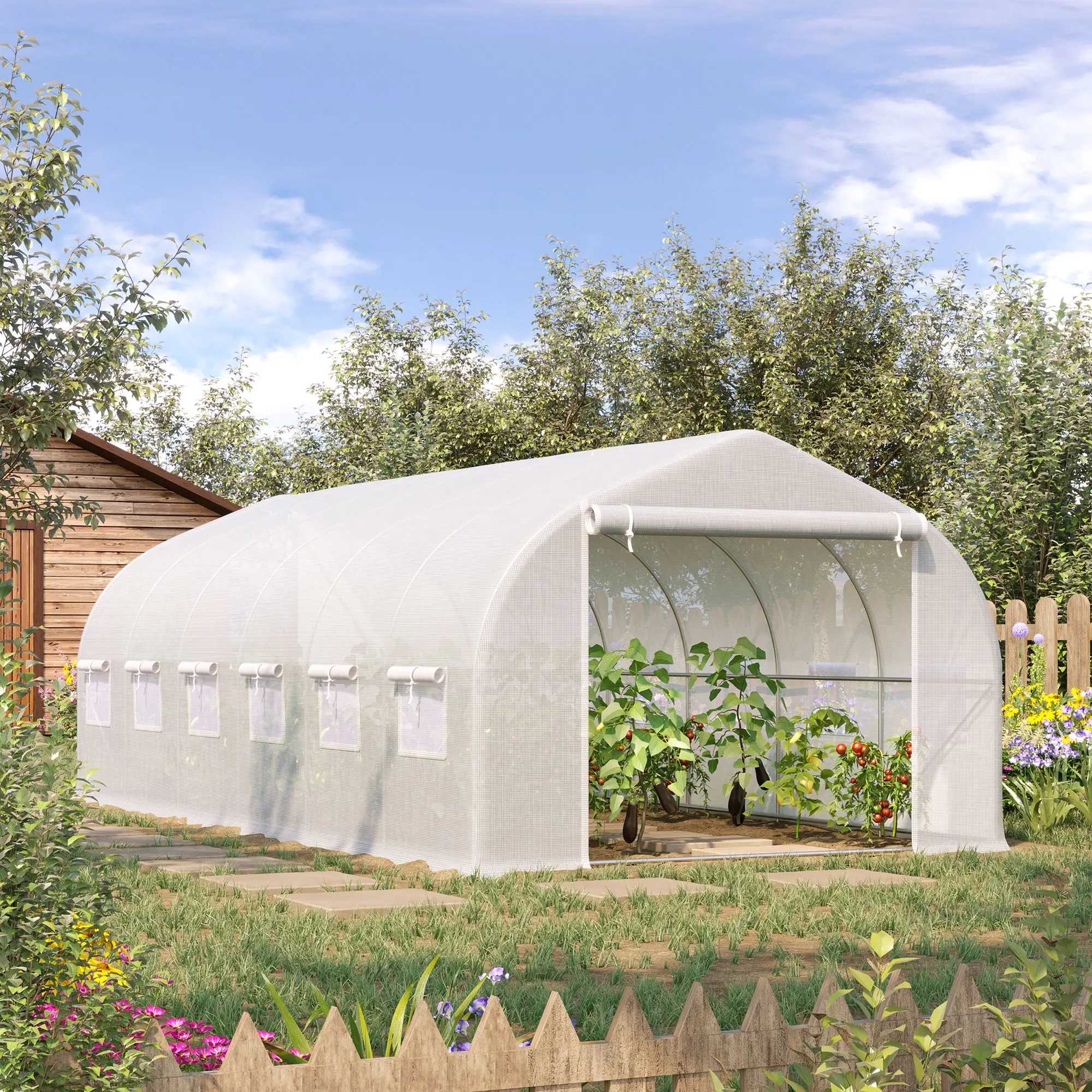 Outsunny greenhouse tunnel 595x300x200 cm 12 windows and white roller door