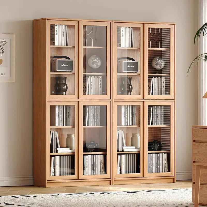 Solid wood oak bookcase sliding door with glass shelf simple modern home bedroom study bookshelf atmospheric people