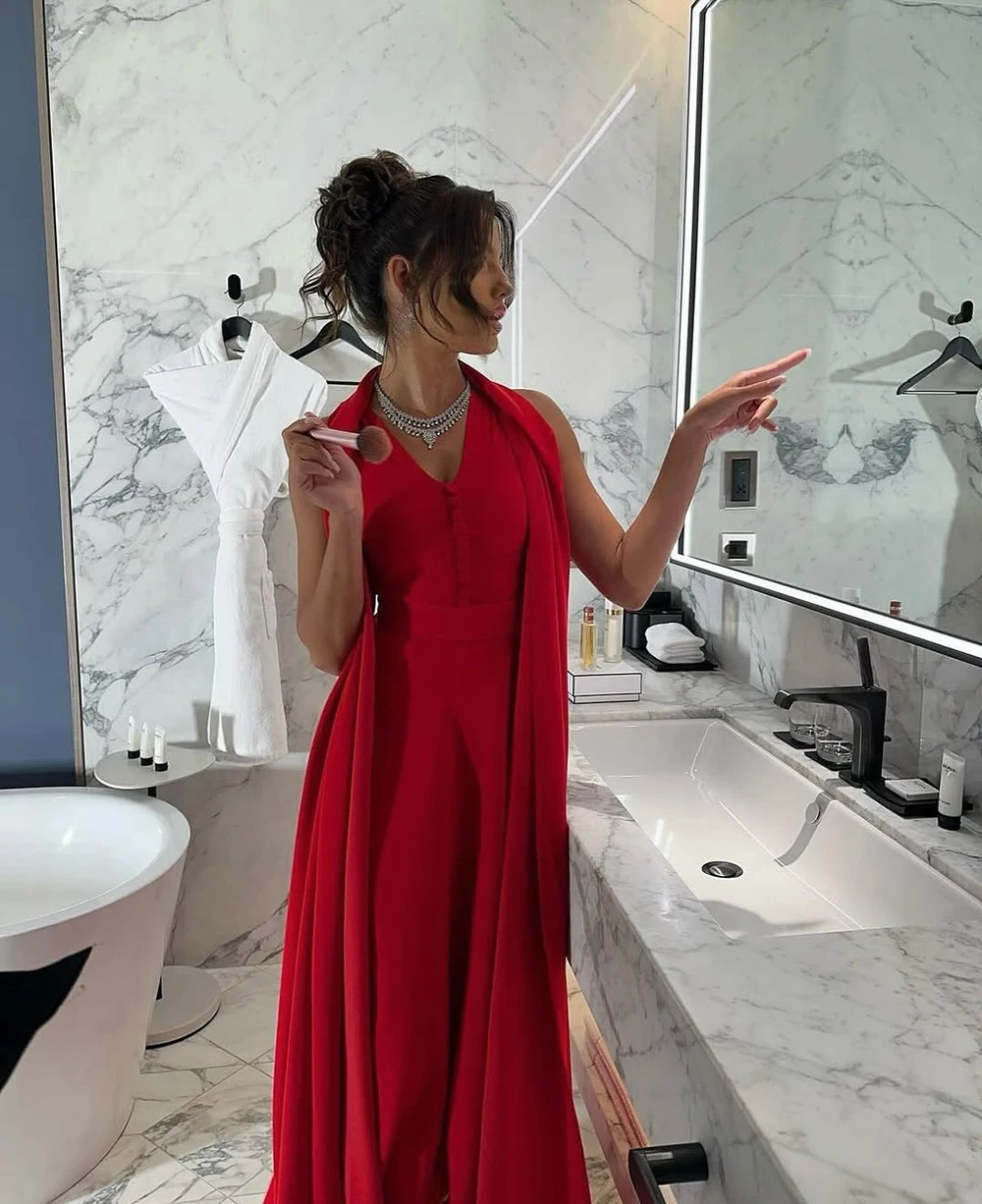 Msikoods Dostosowana czerwona sukienka na studniówkę Kobiety 2025 V Szyja Bez rękawów Suknia wieczorowa Długa peleryna Suknia ślubna Suknia na formalne okazje