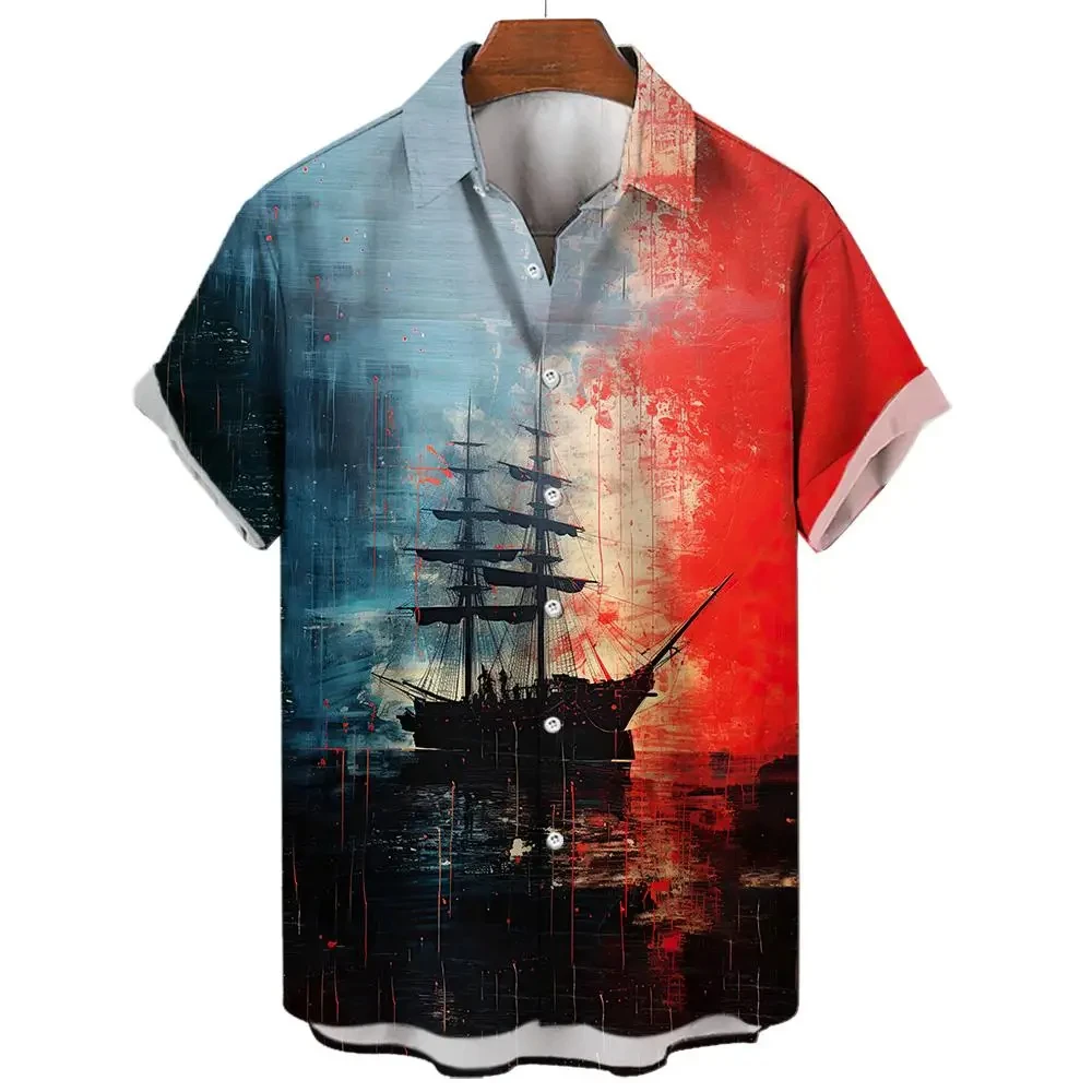 Graphic Printed Men's Shirt Vintage Oversized Short Sleeve Shirts For Men Fashion Casual Sailor Boat Printed Men's Clothing