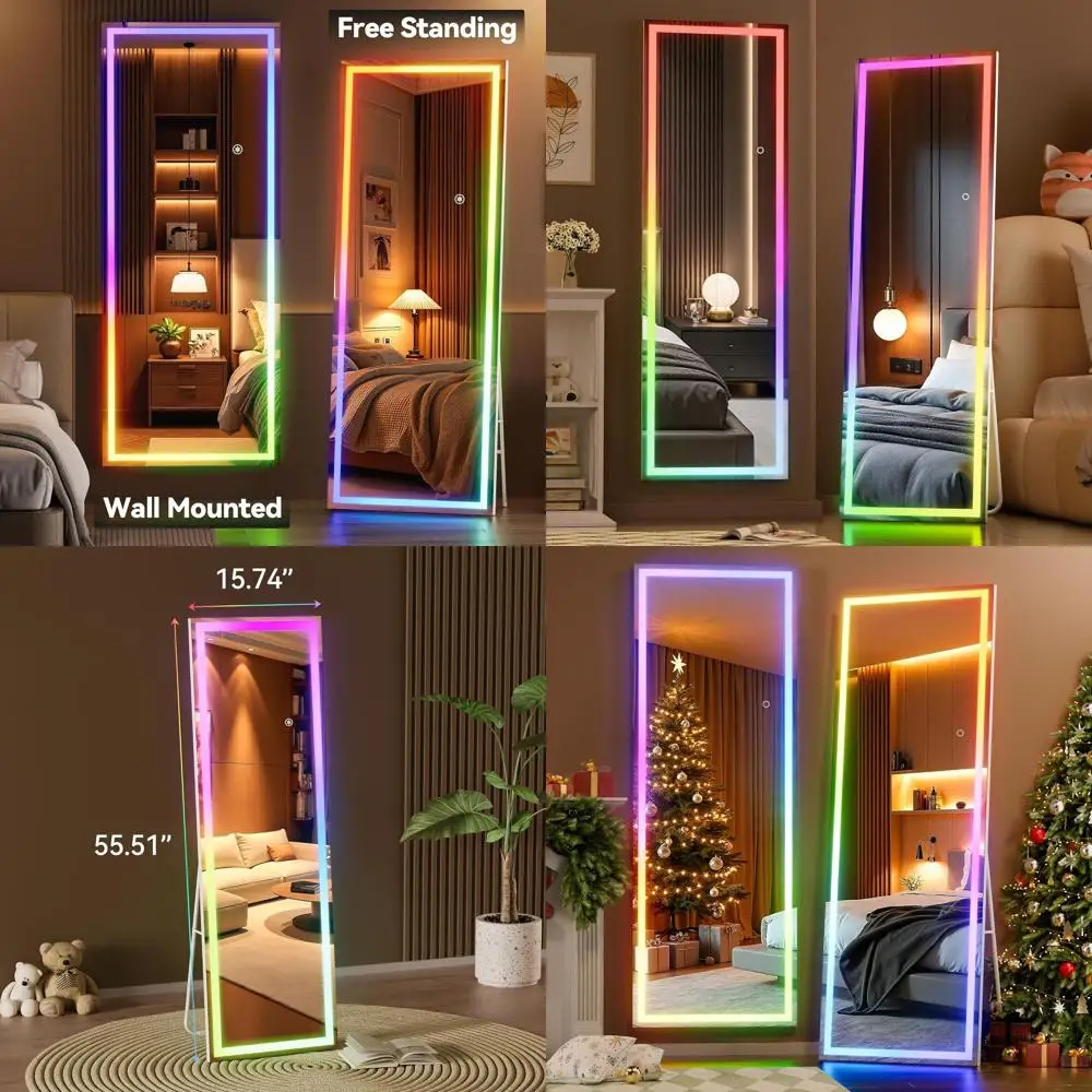 7-farbig verstellbarer LED-RGB-Vollspiegel mit Lichtern, freistehend oder zur Wandmontage, ideal für den Heimgebrauch im Schlafzimmer und im Wohnzimmer