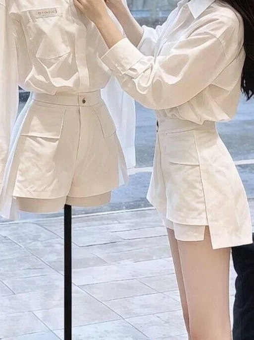 Fashionable White  Neck Shirt And Work Skirt Set Women's Autumn New Style Retro Two-Piece Suit High Waist Short Pants view 4