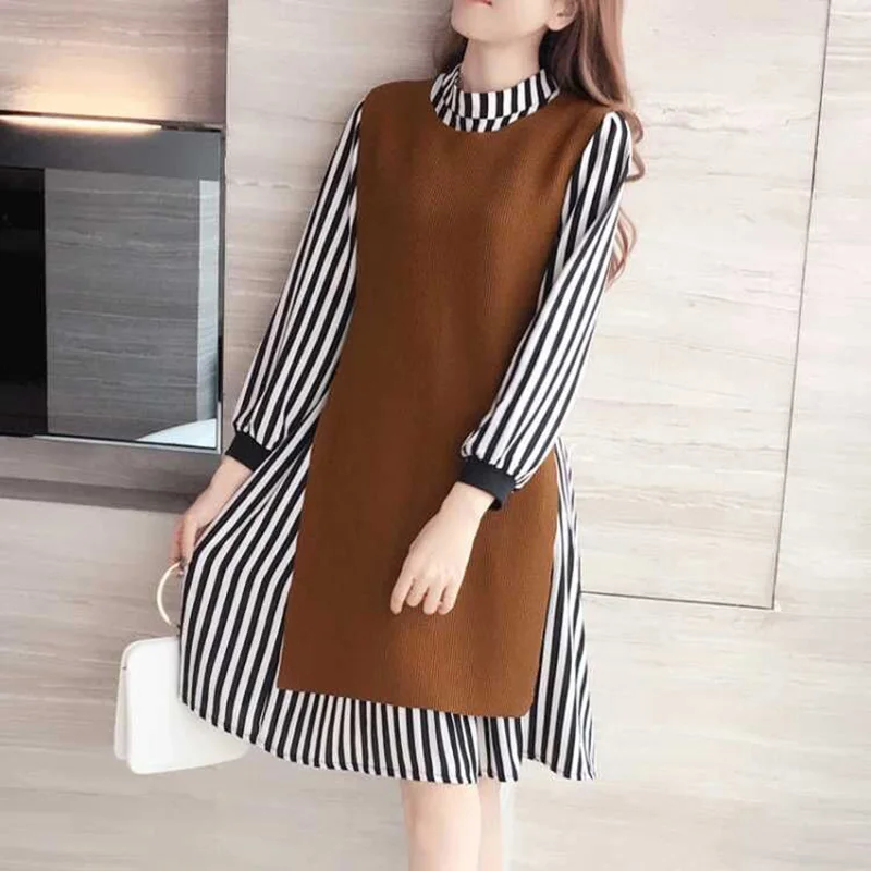 Fashion Loose Spliced Printed Striped Casual Dresses Female Clothing 2023 Autumn New Long Sleeve Loose Korean Midi Dress