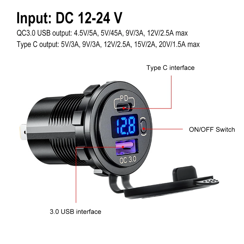 

12V/24V 48W USB Type C Car Charger Socket Dual Outlet PD3.0&QC3.0 LED Voltmeter ON and Off Switch Fast Charging