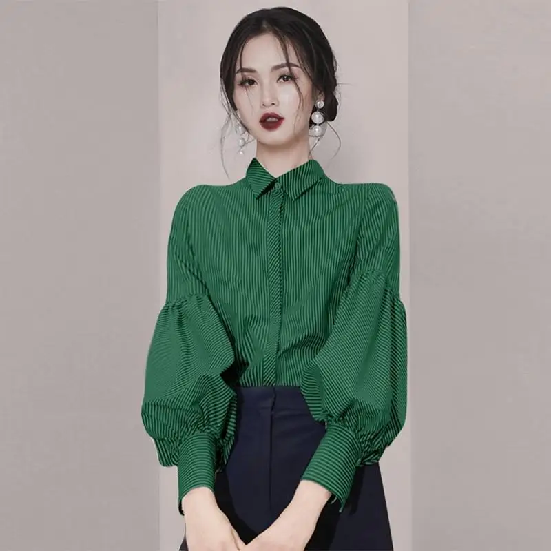 

Shirts & Blouses Striped Green Shirt Women Y2k Puff Sleeve Bluson Mujer 2025 Early Autumn New Lapel Neck Single Breasted Blouses