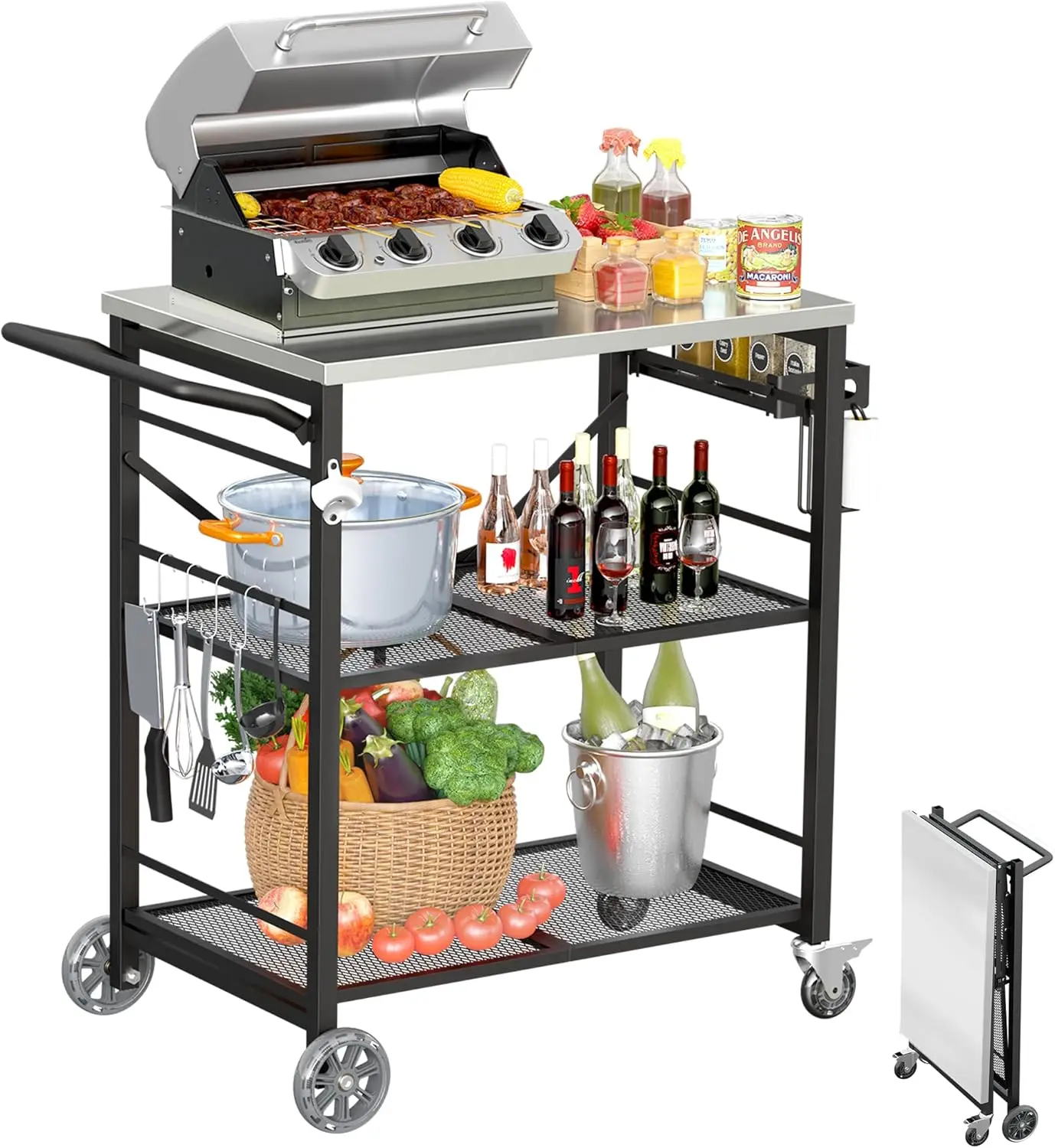 

Folding Outdoor Grill Cart Rolling Pizza Oven Stand Three Shelf Grill Table Metal Portable Cart For Bbq Patio Camping Stainless