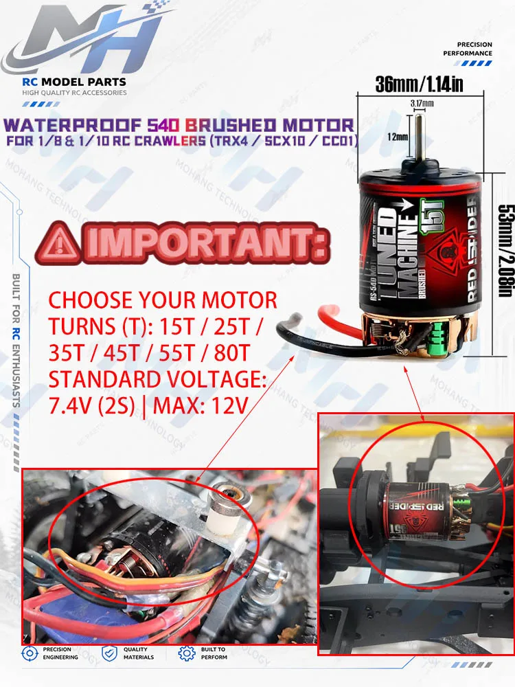 540 Brushed Motor Waterproof 15T 25T 35T 45T 55T 80T for TRX4 SCX10 CC01 1/10 RC