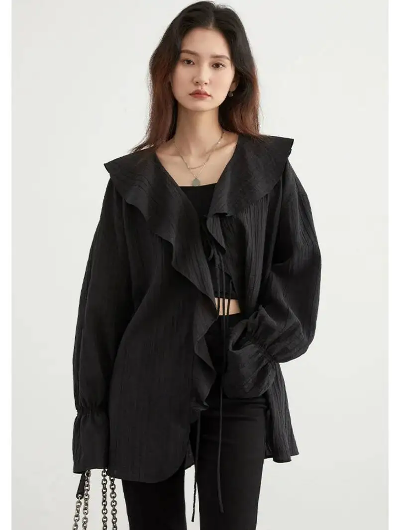 

Women Shirt Loose Casual Ruffled Edges Female Blouses V Neck Lace Up Mid Length Woman Shirts Spring Summer 2025 Casual MX7Q