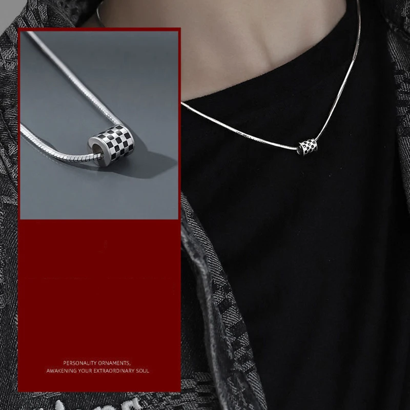 WLP Men New Fashion Chessboard Pendant Necklace Simple Silver Color Hip Hop Couples Choker Snake Chain Necklace collar Jewelry