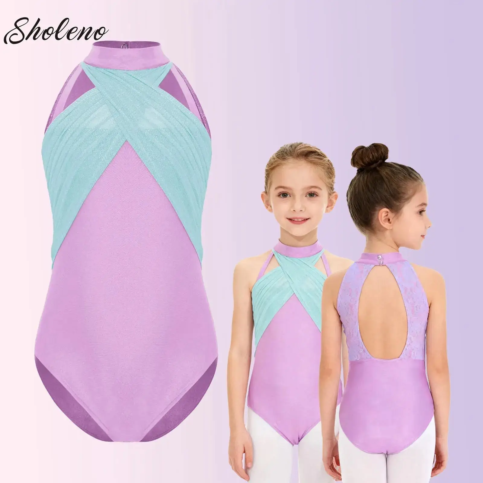 

Kid Girl Rhythmic Gymnastics Figure Skating Ballet Jersey Bodysuit Competition Performance Costume Shimmery Mesh Overlay Leotard