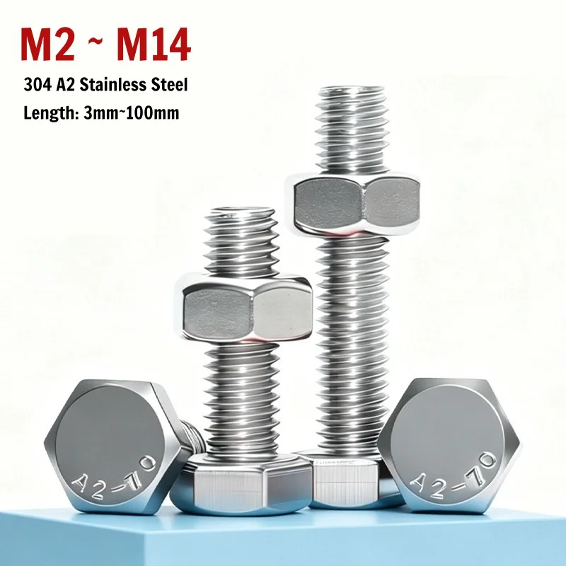M2 M2.5 M3 M4 M5 M6 M8 M10 M12 M14 304 A2 Stainless Steel DIN933 External Hexagon Bolts Full Nut Set for DIY Home Industrial Use