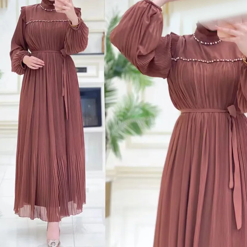 

Chiffon High Neck Pleated Dress Women Elegant Abaya Kaftan With Beads Lantern Sleeve Malaysia Fashion Robe For Muslim Femme