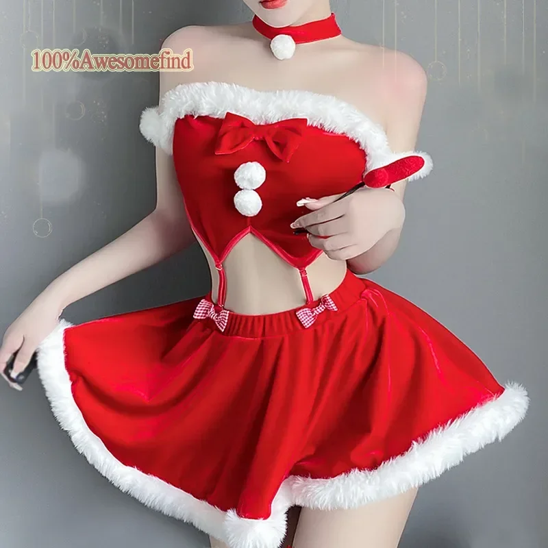 2024 女性クリスマスクリスマスレディサンタクロースエロコスプレ衣装ヘラジカセクシーなランジェリーエキゾチックな冬分離制服ファンシー D MN1