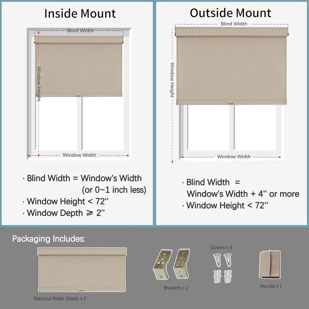 무선 암막 롤러 쉐이드, 자외선 차단 린넨 원단, 단열, 34x72 베이지색 가정 및 사무실용