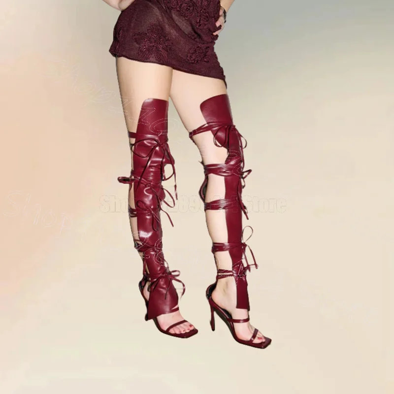 

Burgandy Hollow Design Open Toe Sandals Boots Lace Up Women Shoes Thin High Heels Party Dating Banquet 2025 Zapatos Para Mujere