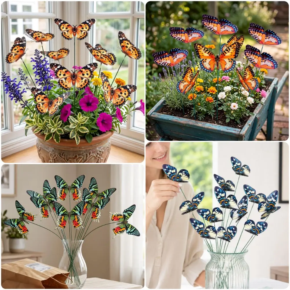 12PCS Multicolor Butterfly Garden Stakes Plastic Indoor Outdoor Garden Butterfly Stakes Photo Props 3D Butterfly