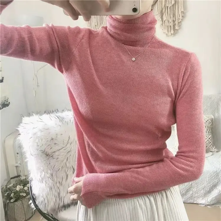 Women Sweater Spring Autumn Thin Knitted Pullovers Turtleneck Slim Bottoming Shirt Solid Soft Knitwear Jumpers Basic Sweaters