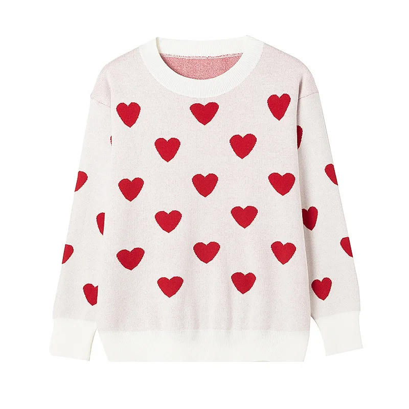 Women Round Neck Heart Jacquard Knit Sweaters Long Sleeve Autumn Winter New Korean Fashion Loose Vintage Casual Pullovers Tops