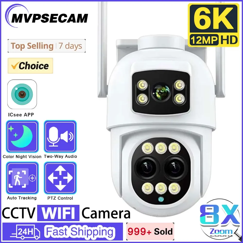 

IP Camera 6K 12MP HD WiFi Outdoor Camera 8x Zoom Three Lens Dual Screen Home Security PTZ Camera 6MP Video Surveillance iCSee