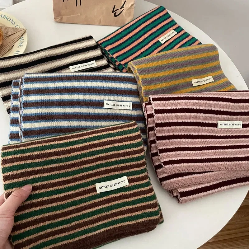 Unisex Couple Scarves New Korean Striped Harajuku Kawaii Cute Versatile Preppy Style Autumn Winter Plush Thickened Warm Scarf