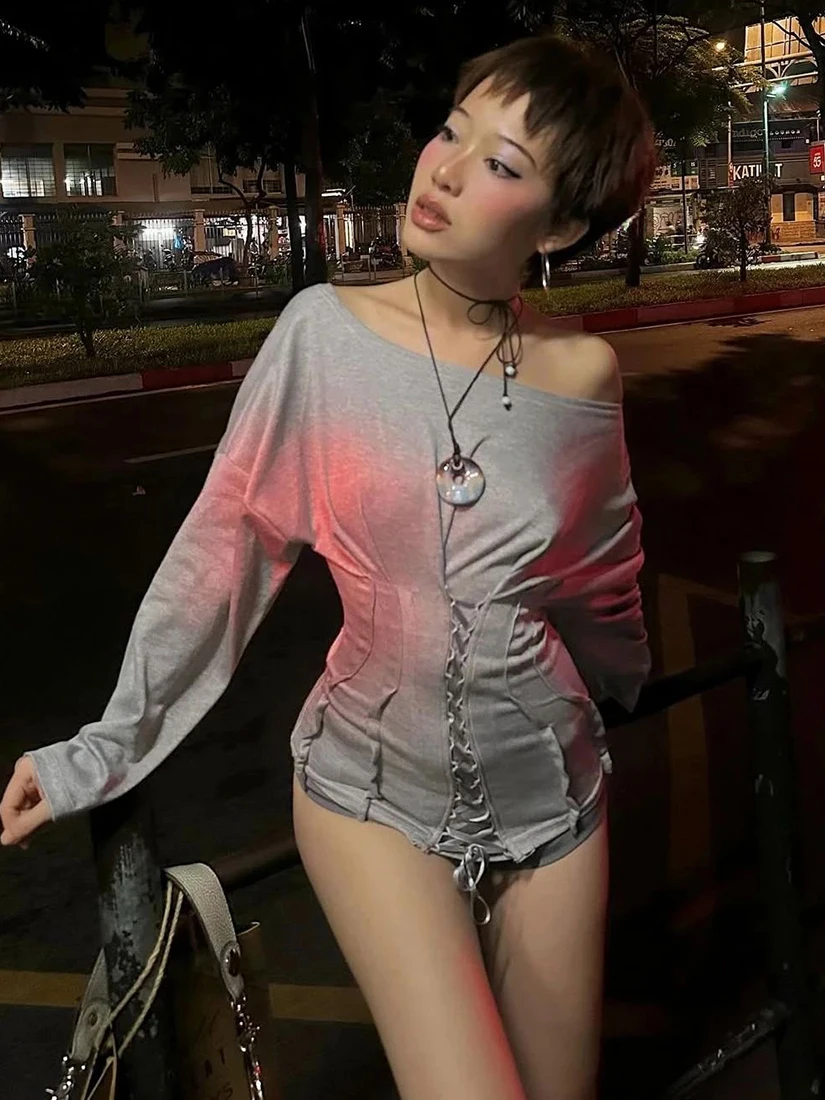 

Sisjuly Trendy Streetwear Y2K Unique Spicy Girl Outfit Waist Cinched Belted Design Color oulder Bared Long Sve T S...