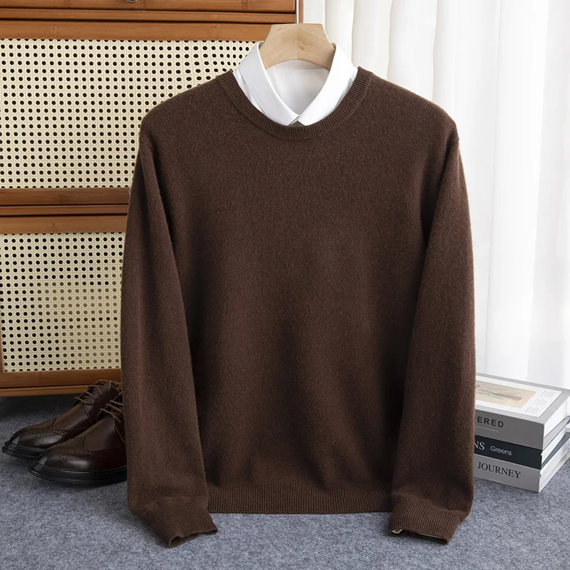 First-Line Ready-To-Wear Men’s O-neck Long-Sleeve Pullovers Spring Fall New 100% Merino Wool Sweater Solid Soft Knit Casual Top