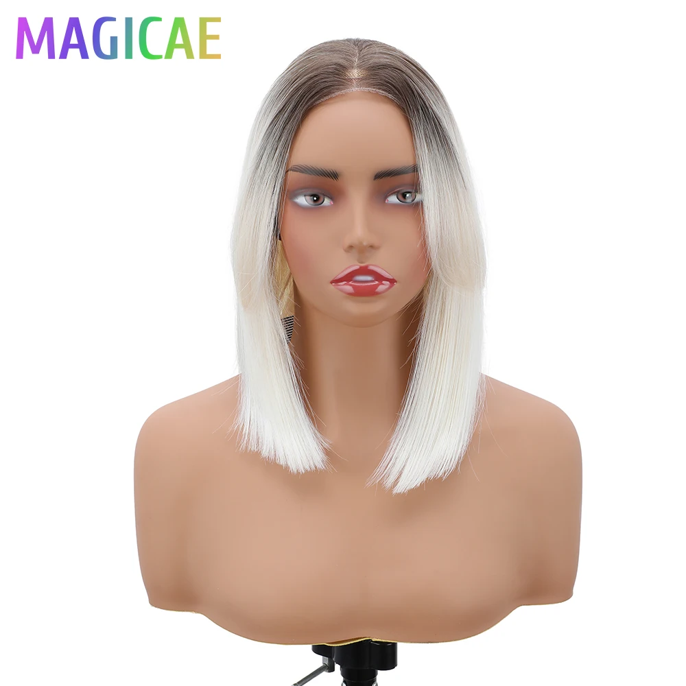 

12 дюймов 13X5x1 Т-образные фронтальные прямые волосы Боб парики Ombre Блондин Белый Светло-Коричневый Высокотемпературные био синтетические парики для косплея