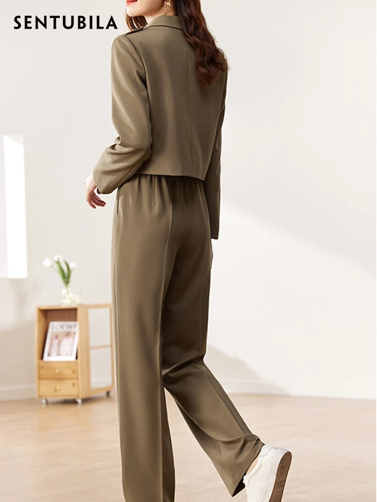 SENTUBILA Cropped Blazer Jacket Pant Suit Women 2024 Autumn Elegant Outfit Elastic Waist Wide Leg Pants Two Piece Sets 123Z43391