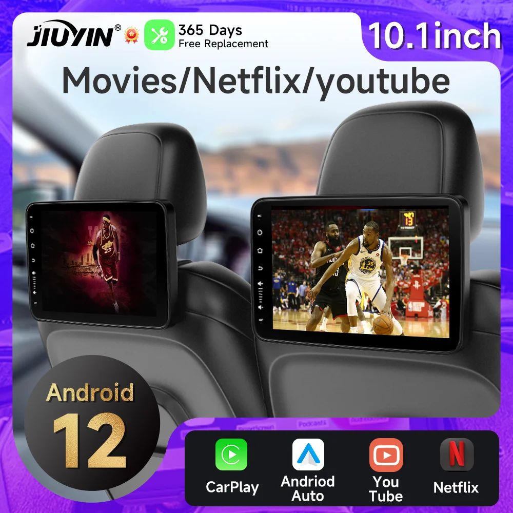 JIUYIN 10.1 inch Apple CarPlay Android Auto Headrest Monitor Display Touch Screen For Rear Seat Mulitimedia Automotiva Voiture