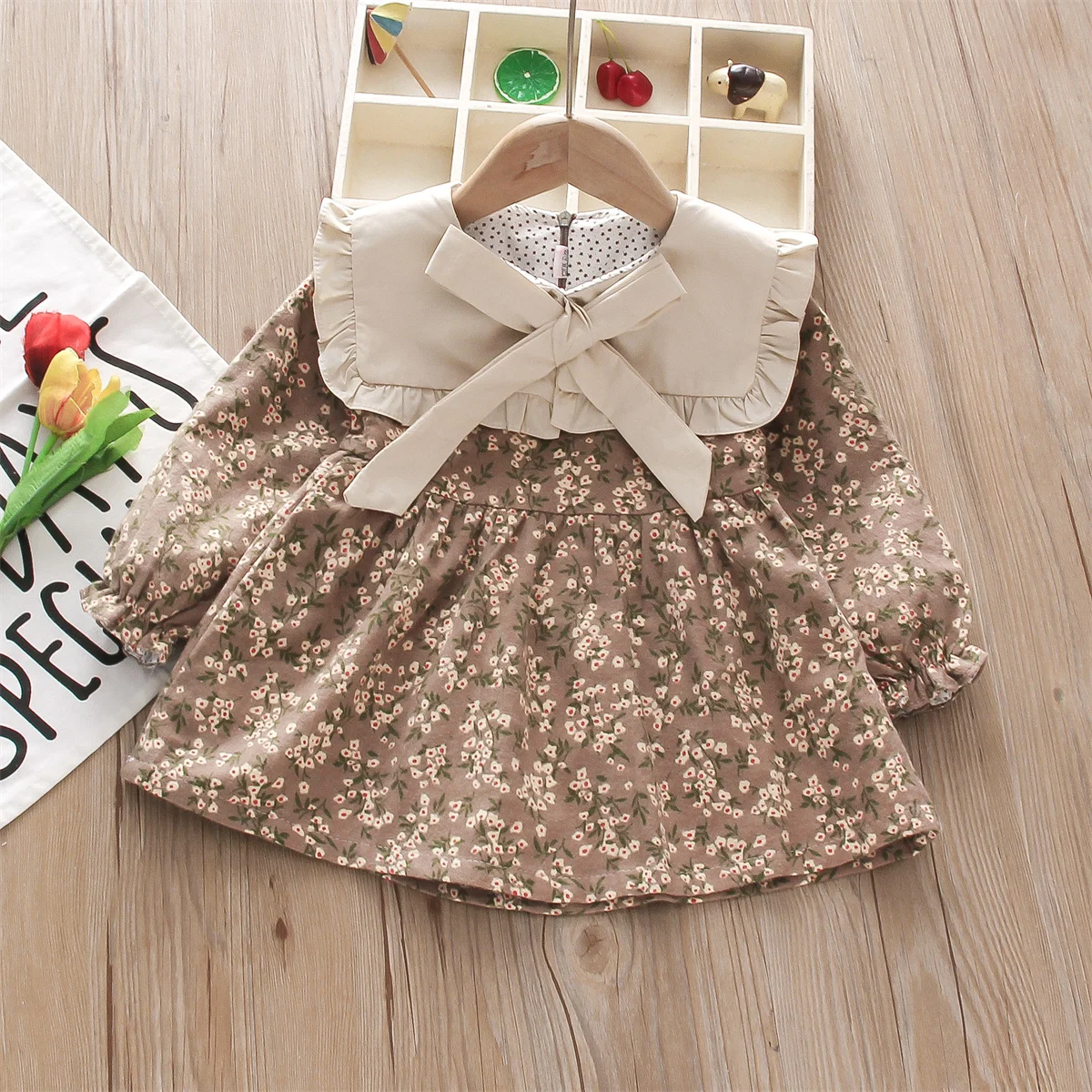 Girl's Dress Autumn New Children's Wear Cute Doll Neck Princess Dress Bowtie Solid Color Fragmented Flower Long Sleeves