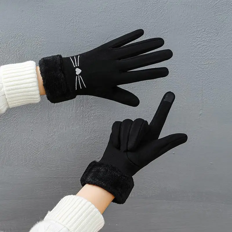Warme Winterhandschuhe für Damen, winddicht, mit niedlichem Katzenmotiv und kältebeständigen Eigenschaften, dickes Fellfutter und Touchscreen-Funktion. – Detail 6