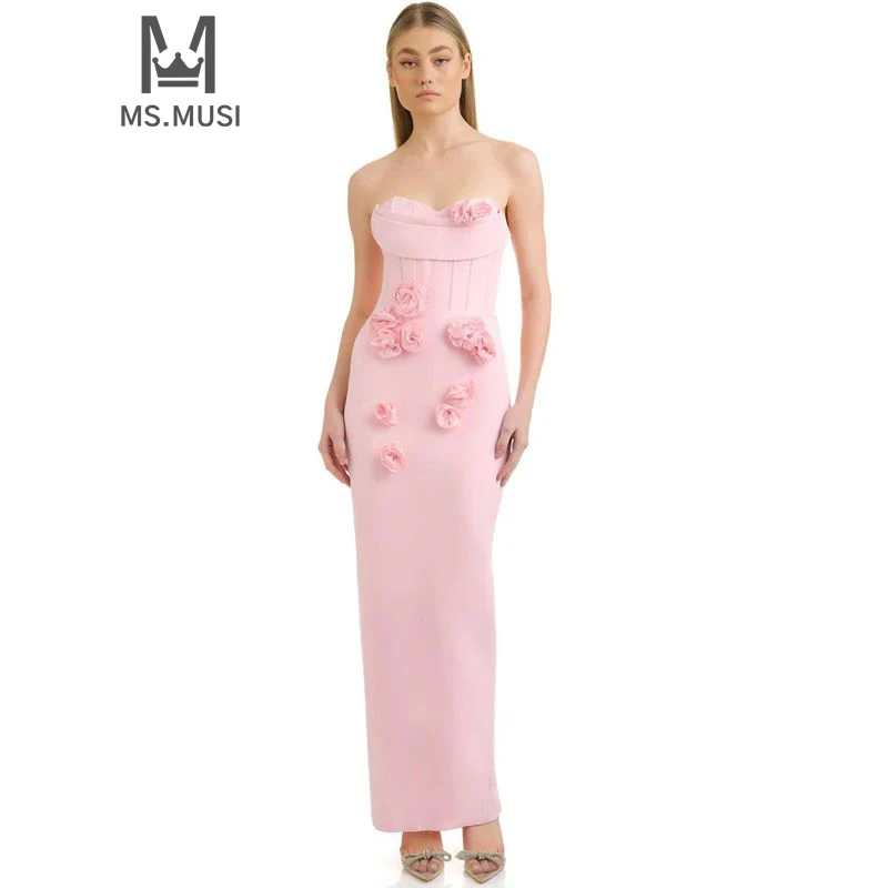 

MSMUSI 2024 New Fashion Women Sexy Strapless Floral Draped Sleeveless Backless Bandage Bodycon Party Club Event Maxi Dress Gown