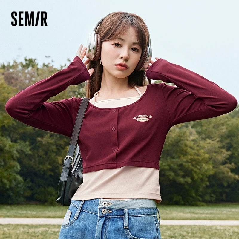 Semir 2023 Women Shirt Long-Sleeved T-Shirt Short  Fake Two Pieces Autumn New Hot Girl Retro Style T-Shirt for Women