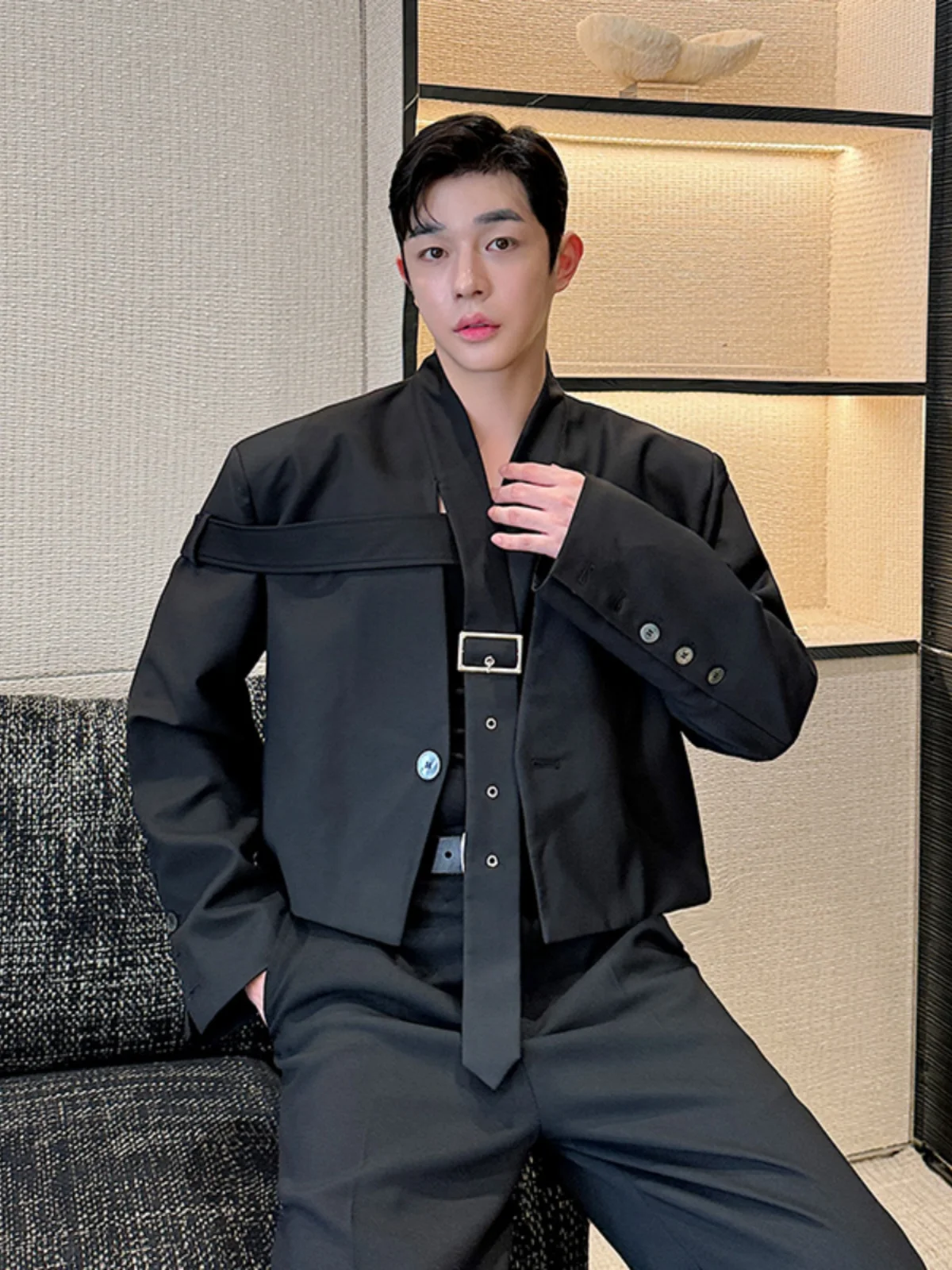 

Korean Sle Netie Design Splice Deconstruction ort No Collar Men's Faion Loose Fit Suit Jaet Casual Striped Pattern