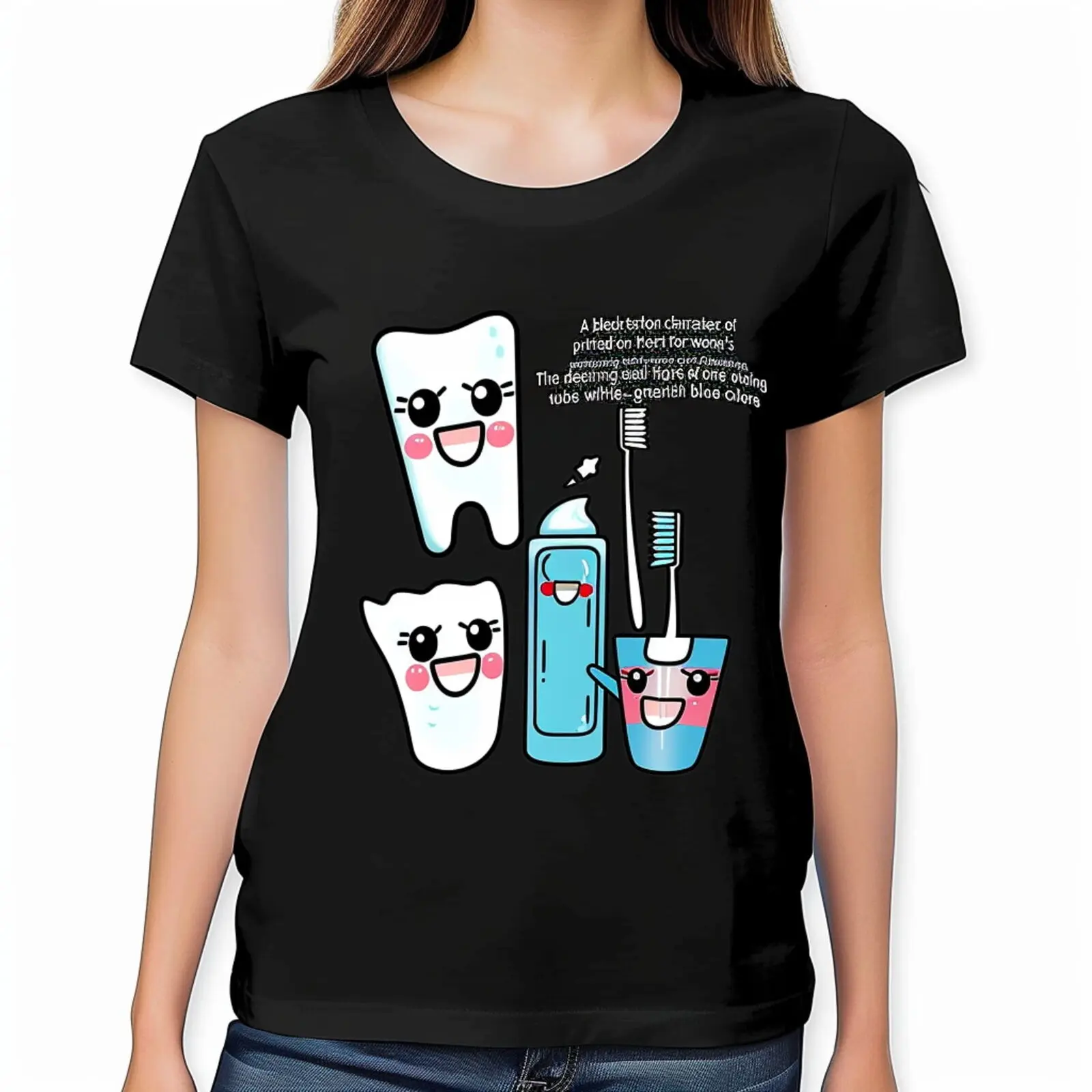 

Women's Cute Cartoon Toothpaste and Floss Print Black TShirt Fun Design