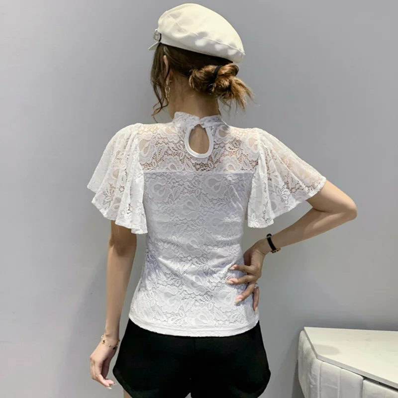 Blusa feminina sexy de renda oca, elegante blusas florais bordadas, camisa fina de manga babados, branca, moda verão