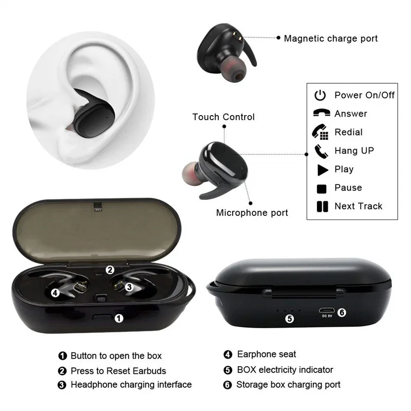 Y30 TWS 무선 이어폰 블루투스 5.0 헤드폰 HiFi 사운드 스테레오 스포츠 이어팟, 아이폰 안드로이드 폰용 마이크 포함