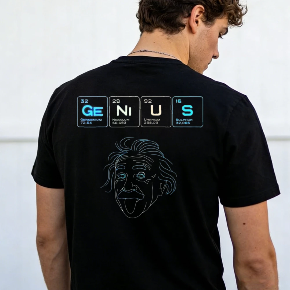 Men's Genius GeNiUS Periodic Table Einstein Graphic T-Shirt Men Back Print Cotton Short Sleeve Science Physics Nerd Casual Tee