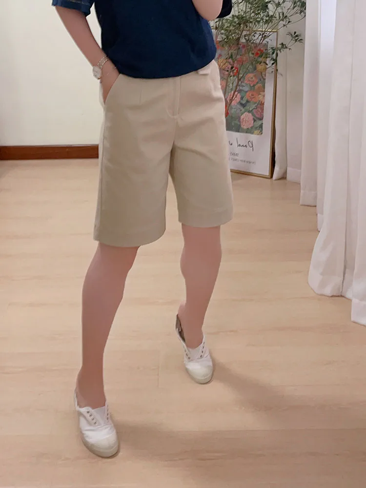 

Эластичные хлопковые прямые брюки-бермуды для женщин, 5/4 длины, повседневные брюки, летние, с декоративной застежкой на талии