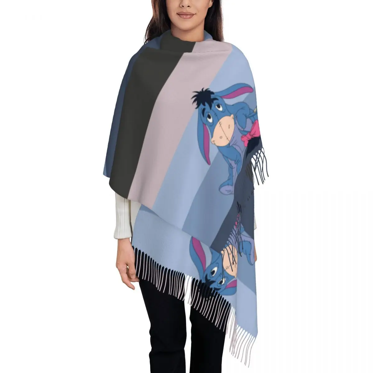 Bufanda con borlas para mujer Winnie The Pooh Eeyore Mantón largo y suave y cálido para regalos Bufanda de cachemira