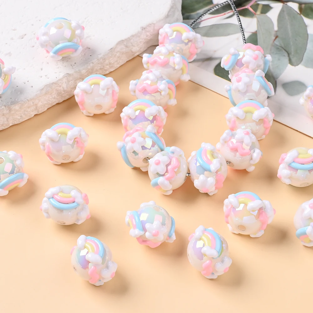 10Pcs Pink-White Hand-drawn Resin Focus Beads For DIY Handmade Beaded Pen Keychain Bracelet Necklace Crafts Making Accessories