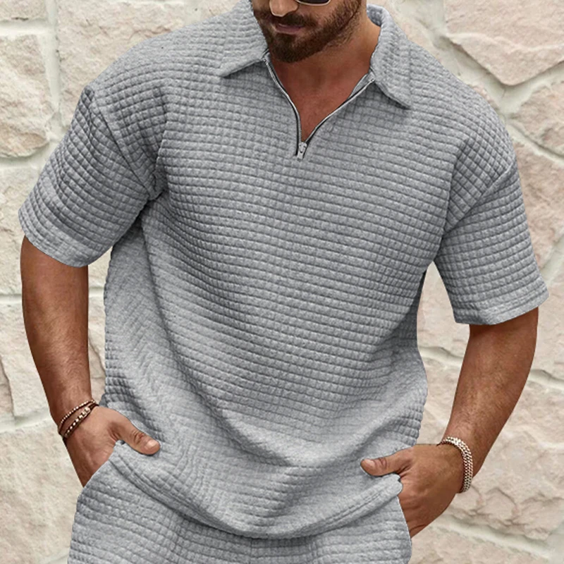 Summer foreign trade new Polo shirt comfortable jacquard small check solid color lapel sports short sleeve