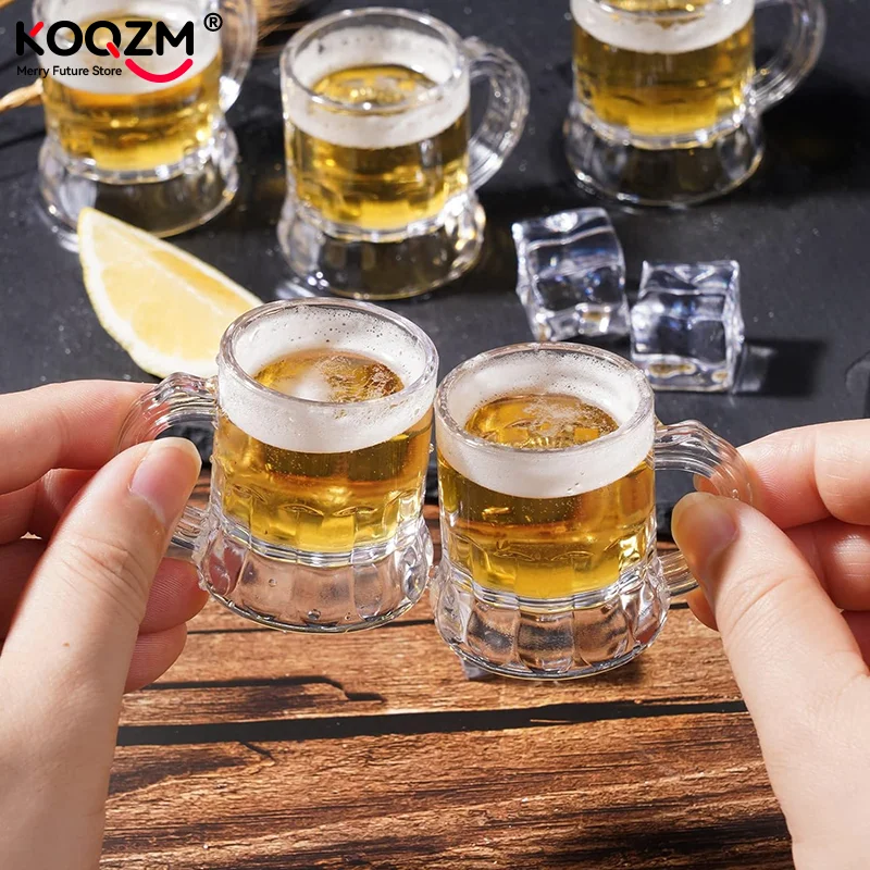 1oz Clear Beer Glasses Mini Plastic Beer Mugs Shot Glasses with Handles Reusable Beer Stein Tasting Glasses Whiskey Juice Cups