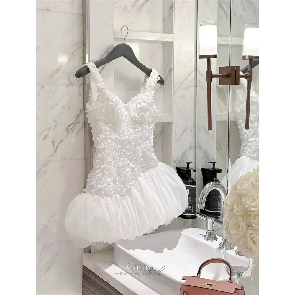 

Cathy Customized White Princess Bud Mini Prom Dress 3D Flowers Pleats vestidos de noiva Fairy Floral Straps After Party Gown